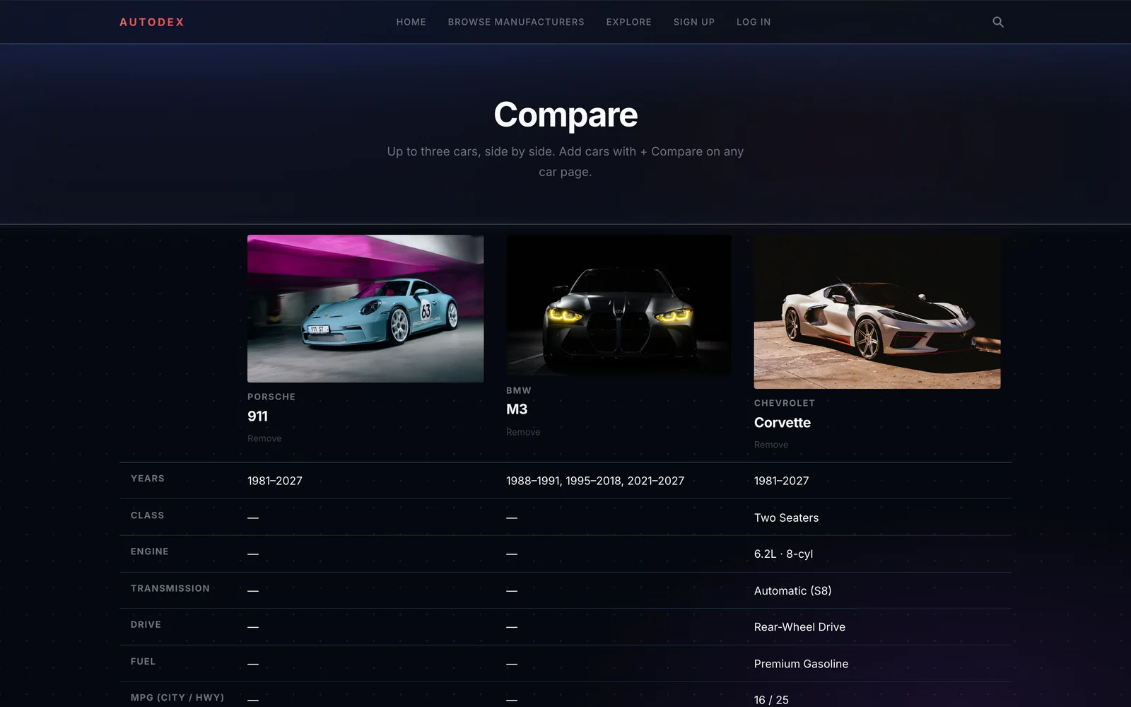 AutoDex, comparing the Porsche 911, BMW M3 and Chevrolet Corvette
