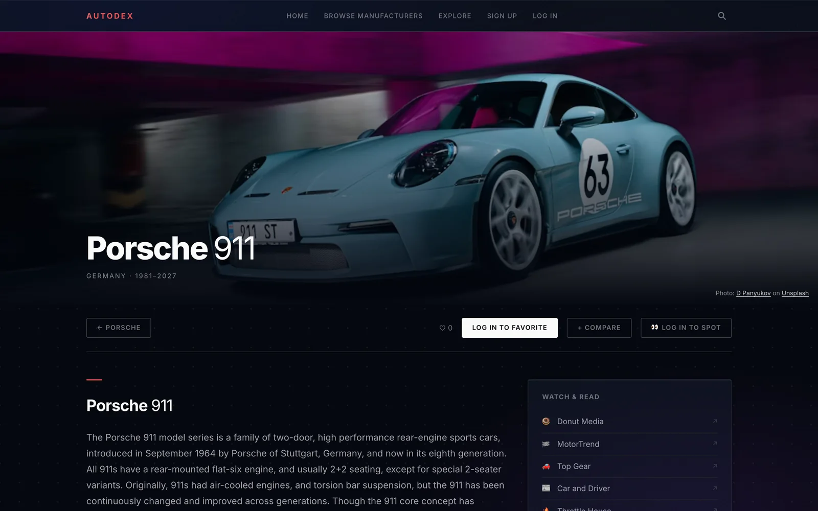 AutoDex, the Porsche 911 page with its photo credit and garage actions